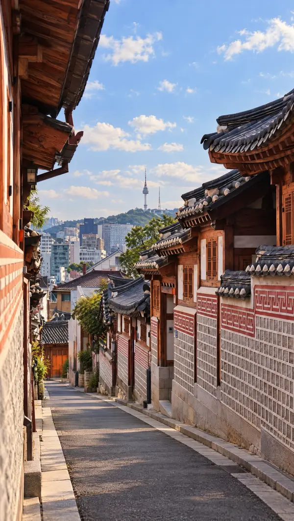 A narrow lane between old tiled-roof houses in Bukchon