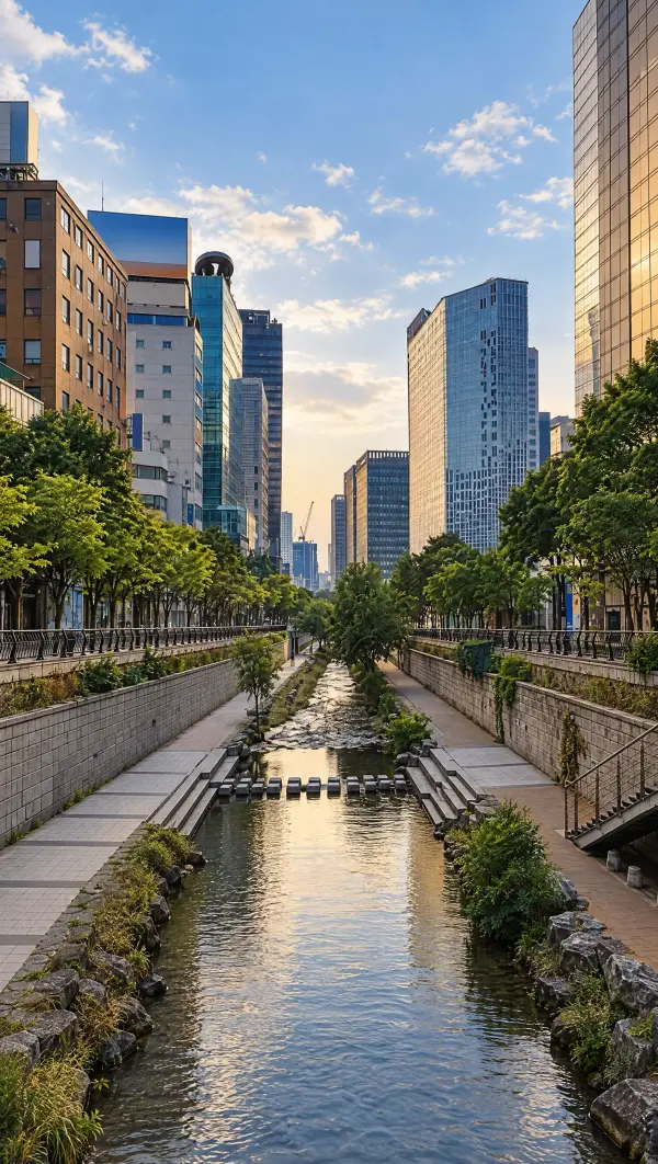 The Cheonggyecheon stream running between office towers
