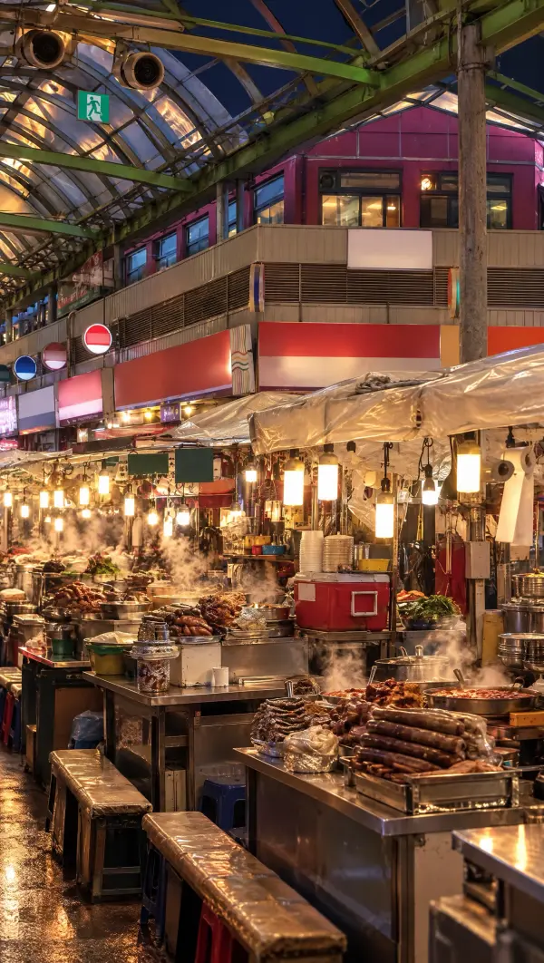 Food stalls under the lights of Gwangjang Market