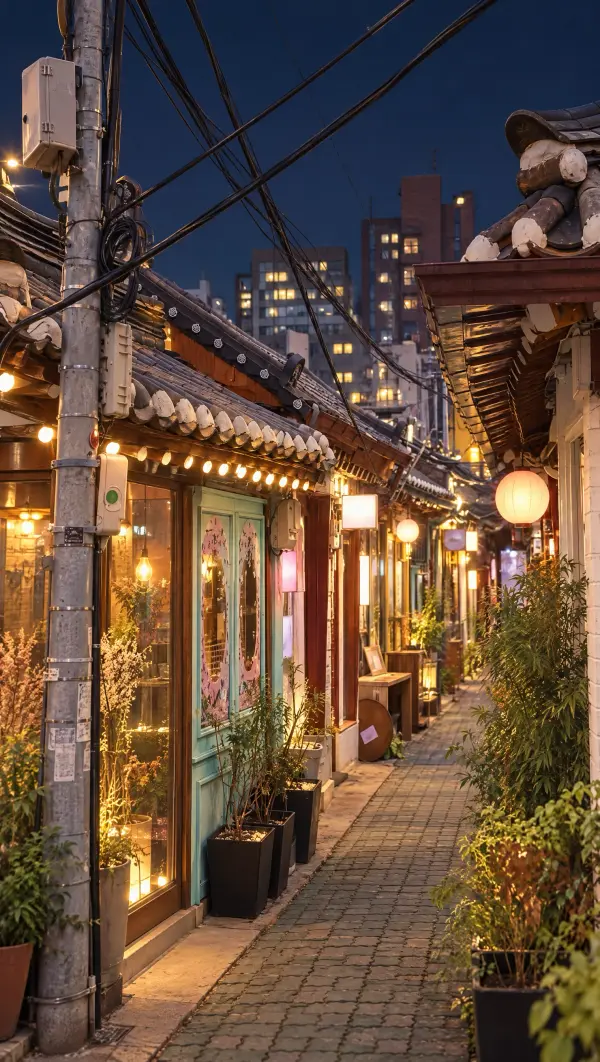 A lantern-lit alley in Ikseon-dong at dusk