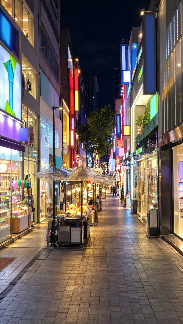 Shop lights along a Myeongdong street at night