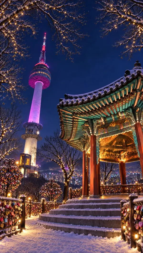 Namsan Tower above a pavilion on a winter night