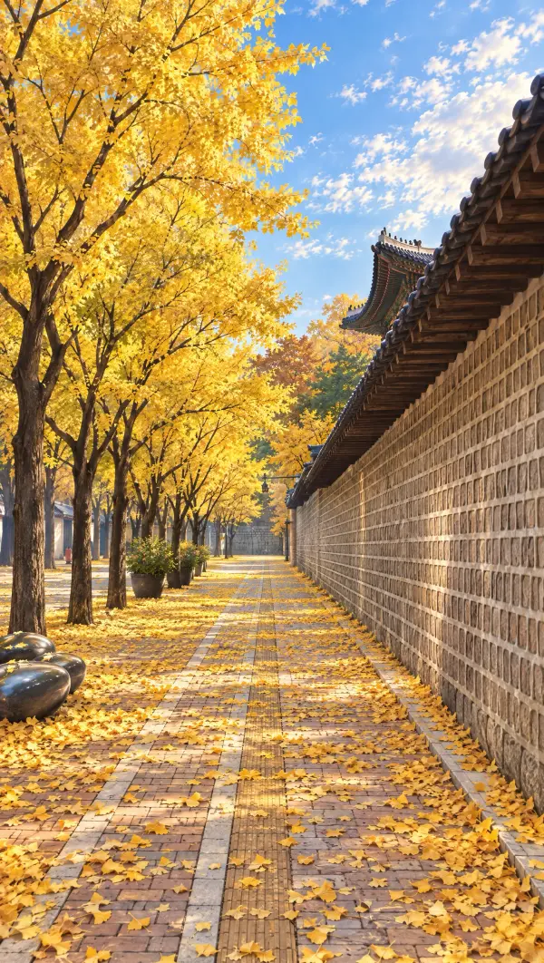 Yellow ginkgo leaves along a palace stone wall