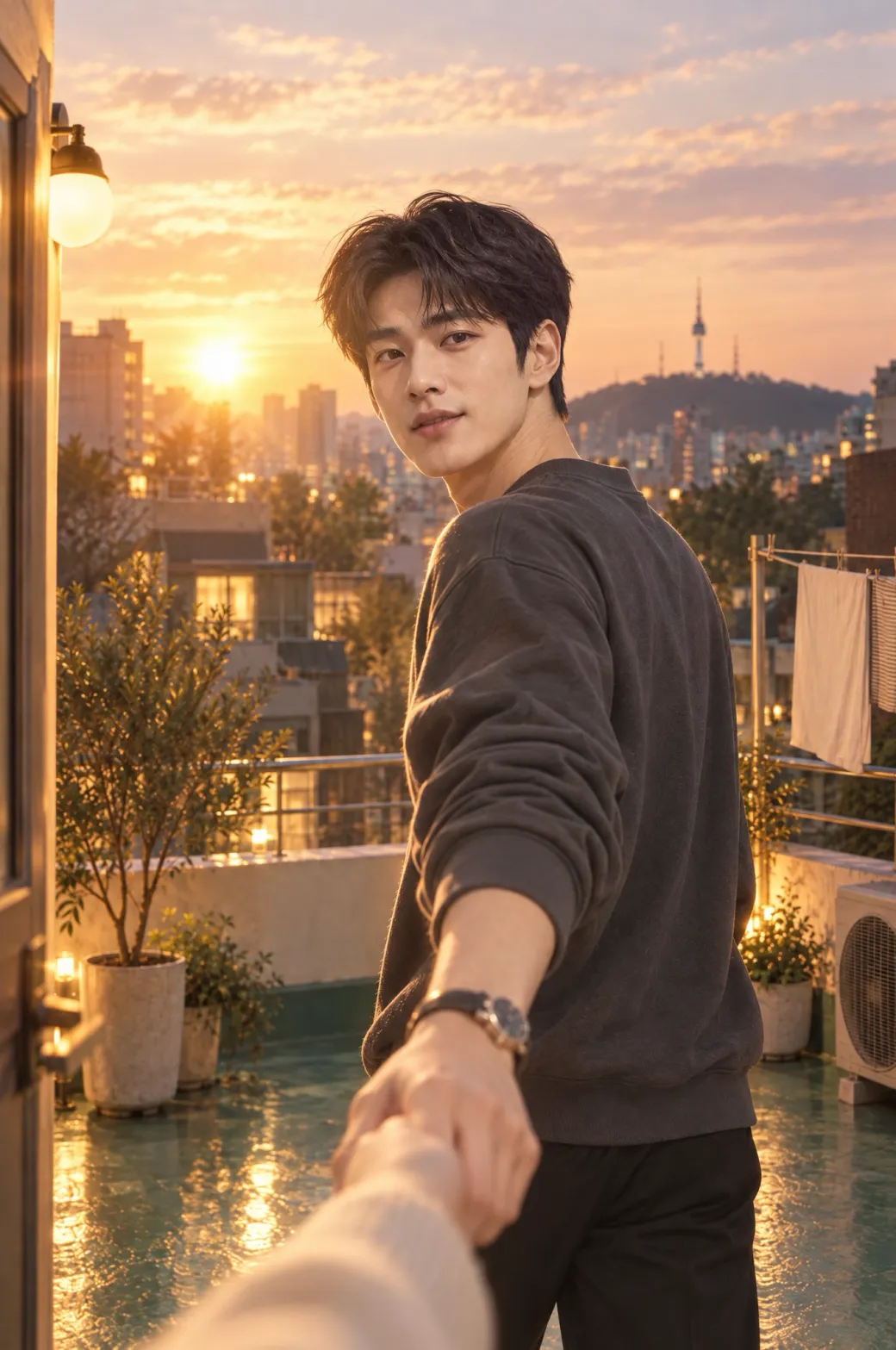 Dohyun on the rooftop at sunset, holding your hand