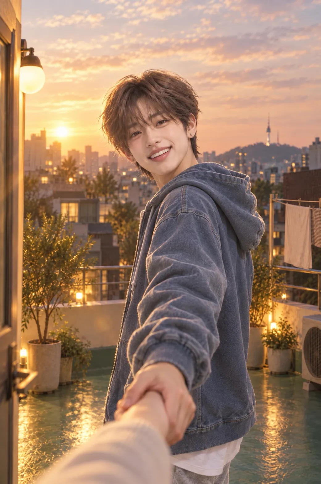 Sion on the rooftop at sunset, smiling and pulling you along